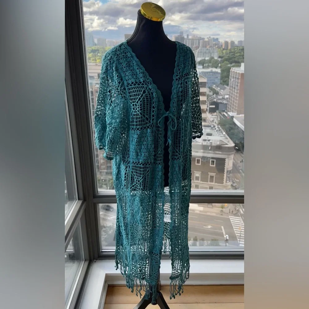 🆕 FARM Rio 🧿 NWOT Floral Crochet Tie Up Kimono, Teal - Sz M - Picture 1 of 16